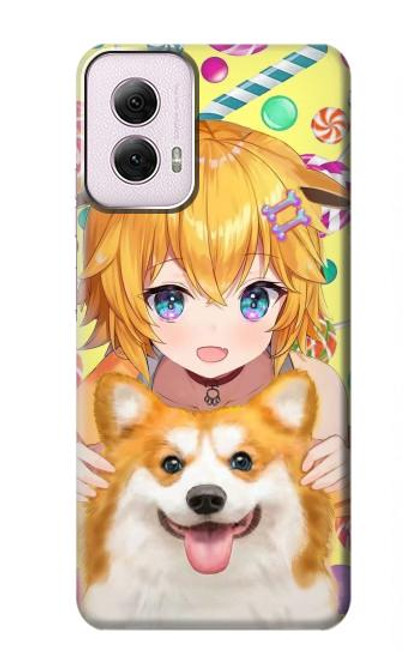 W3918 Bébé Corgi Chien Corgi Fille Bonbons Etui Coque Housse et Flip Housse Cuir pour Motorola Moto G Power 5G (2024)