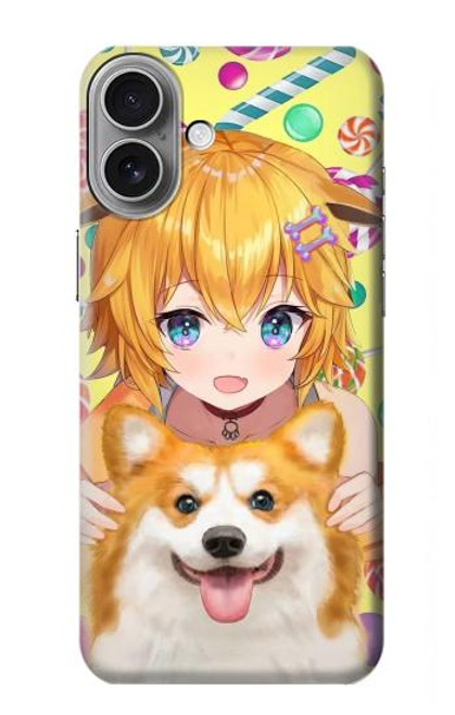 W3918 Bébé Corgi Chien Corgi Fille Bonbons Etui Coque Housse et Flip Housse Cuir pour iPhone 16 plus