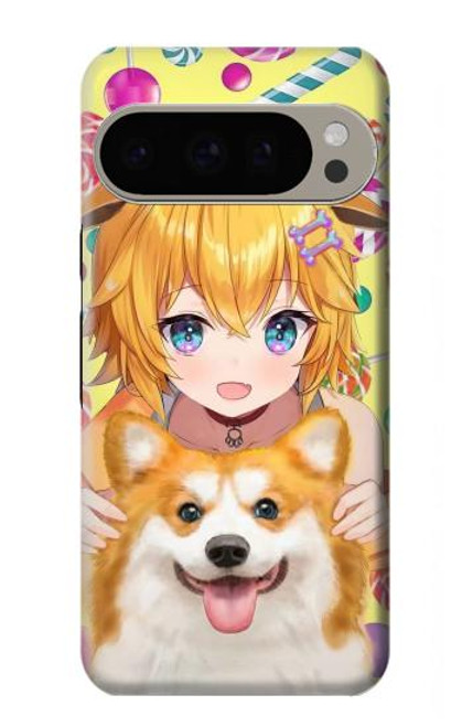 W3918 Bébé Corgi Chien Corgi Fille Bonbons Etui Coque Housse et Flip Housse Cuir pour Google Pixel 9 Pro