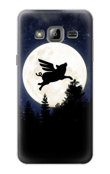 W3289 Cochon Volant Pleine Lune Nuit Etui Coque Housse et Flip Housse Cuir pour Samsung Galaxy J3 (2016)