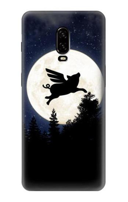 W3289 Cochon Volant Pleine Lune Nuit Etui Coque Housse et Flip Housse Cuir pour OnePlus 6T