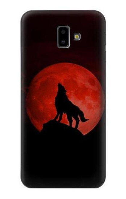W2955 Loup Hurlant Rouge Lune Etui Coque Housse et Flip Housse Cuir pour Samsung Galaxy J6+ (2018), J6 Plus (2018)