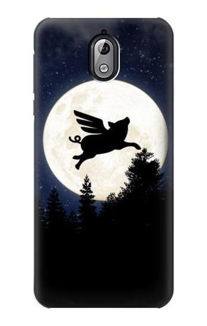 W3289 Cochon Volant Pleine Lune Nuit Etui Coque Housse et Flip Housse Cuir pour Nokia 3.1