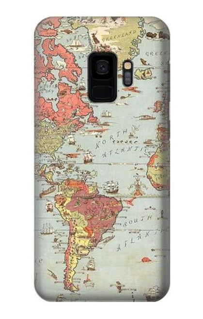 W3418 Carte du monde millésimé Etui Coque Housse et Flip Housse Cuir pour Samsung Galaxy S9