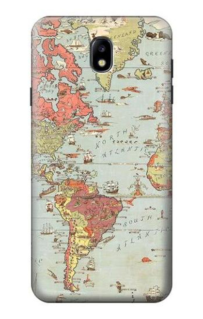 W3418 Carte du monde millésimé Etui Coque Housse et Flip Housse Cuir pour Samsung Galaxy J7 (2018), J7 Aero, J7 Top, J7 Aura, J7 Crown, J7 Refine, J7 Eon, J7 V 2nd Gen, J7 Star