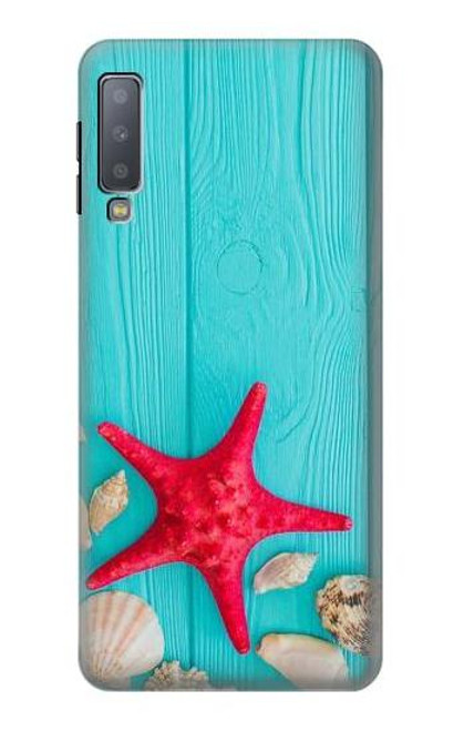 W3428 Aqua Bois Coquille d'étoile de mer Etui Coque Housse et Flip Housse Cuir pour Samsung Galaxy A7 (2018)