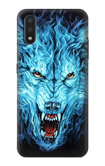 W0752 Feu bleu Loup Etui Coque Housse et Flip Housse Cuir pour Samsung Galaxy A01