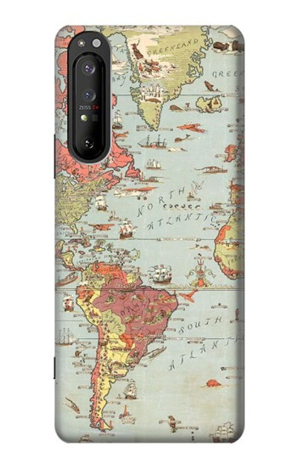 W3418 Carte du monde millésimé Etui Coque Housse et Flip Housse Cuir pour Sony Xperia 1 II