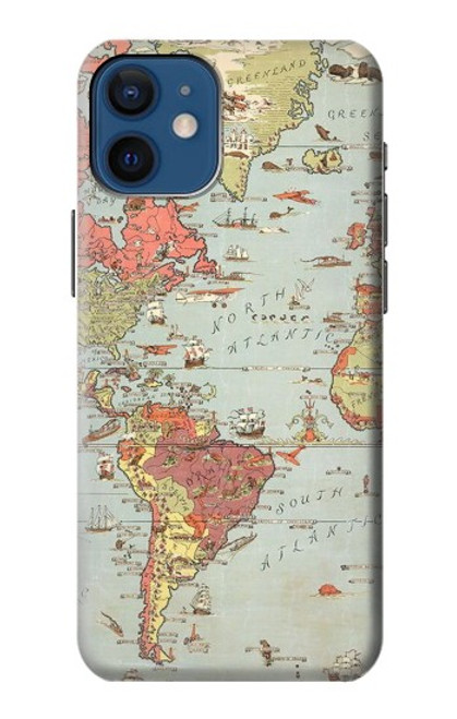 W3418 Carte du monde millésimé Etui Coque Housse et Flip Housse Cuir pour iPhone 12 mini