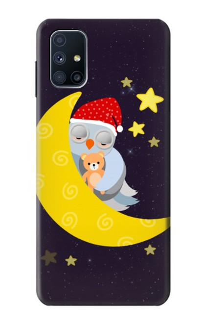 W2849 Mignon Lune Nuit Sleepy Chouette Etui Coque Housse et Flip Housse Cuir pour Samsung Galaxy M51