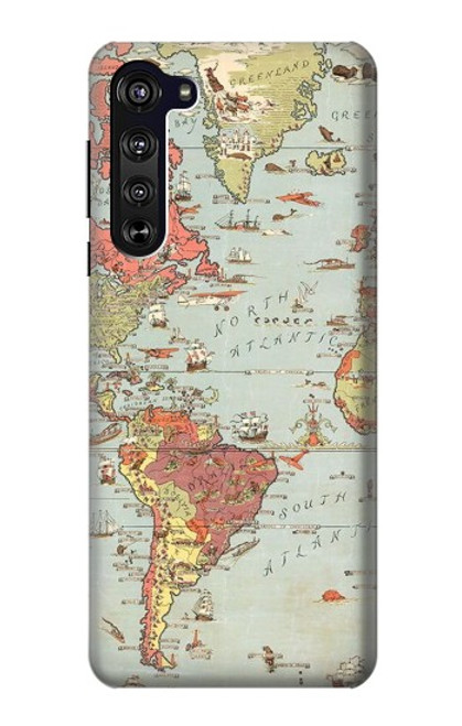 W3418 Carte du monde millésimé Etui Coque Housse et Flip Housse Cuir pour Motorola Edge