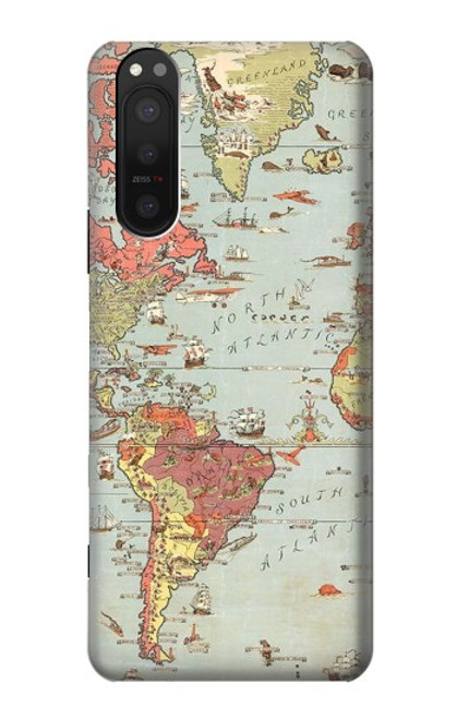 W3418 Carte du monde millésimé Etui Coque Housse et Flip Housse Cuir pour Sony Xperia 5 II