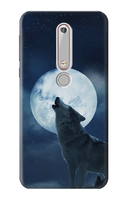 W3693 Pleine lune du loup blanc sinistre Etui Coque Housse et Flip Housse Cuir pour Nokia 6.1, Nokia 6 2018