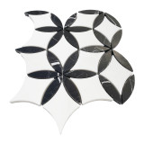 Honed Dolomite Marble with Nero Marquina Leaf La Fleur Waterjet Mosaic Tile