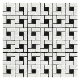 Dolomite Marble Target Pinwheel Mosaic Tile with Nero Marquina Black Dots Honed