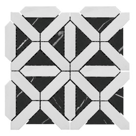 Dolomite Marble with Nero Marquina Black Triangles Geometrica Mosaic Tile