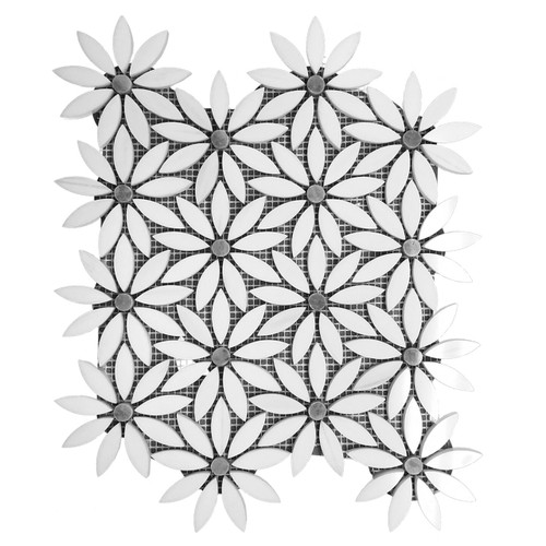 Dolomite Marble With Bardiglio Gray Accent Daisy Flower Waterjet Mosaic Tile Polished