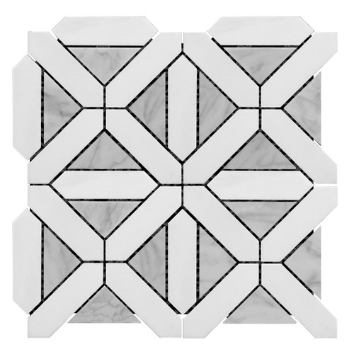 Dolomite Marble with Carrara White Triangles Geometrica Mosaic Tile Honed