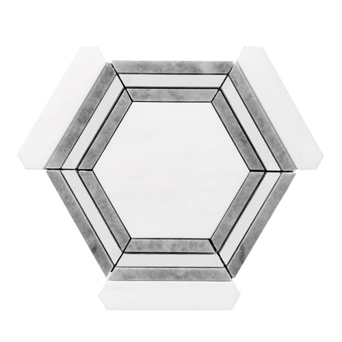 Dolomite Marble Georama Hexagon with Bardiglio Gray Strips Mosaic Tile Honed