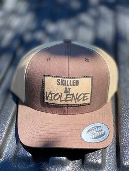 SKILLED AT VIOLENCE TRUCKER HAT (Brown/Khaki Mesh)