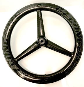 Front view of the C7 Concepts TriSpoke Rear Wheels 406c (20") pair featuring a 25mm wide tubeless-compatible rim, directional aero tri-spoke design, and 18K carbon gloss surface finish.