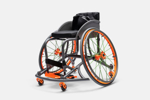 Top End PS7 in Stealth Grey with Neon Orange accent colors. Updated with Spinergy Wheels with neon green spokes. side angle view.
