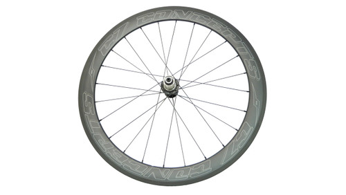 Front view of C7 650c (26-inch) carbon front wheel with 50mm rim and aerodynamic winged spokes, compatible with 9–11 speed drivetrains