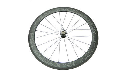 Front view of C7 650c (26-inch) carbon front wheel with 50mm rim depth and aerodynamic winged spokes, compatible with 12-speed drivetrains