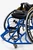 Goat Extra Tough Football and Lacrosse Wheelchair. Royal Blue Frame with Gold SideGuards and forks. Front angle view focusing on reinforced front bumper.