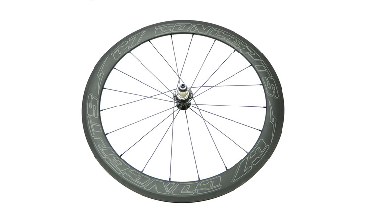Front view of C7 650c (26-inch) carbon front wheel with 50mm rim depth and aerodynamic winged spokes, compatible with 12-speed drivetrains