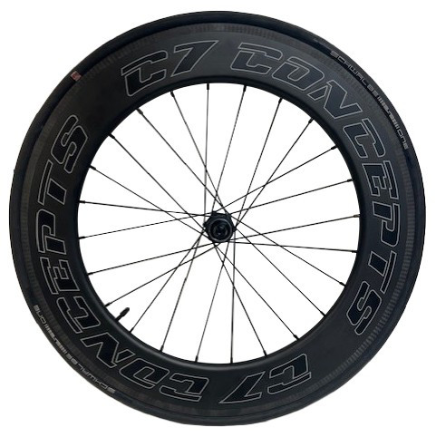 Front view of C7 Aeromax 650c (26-inch) carbon front wheel with 80mm rim depth and aerodynamic winged spokes, compatible with 12-speed drivetrains