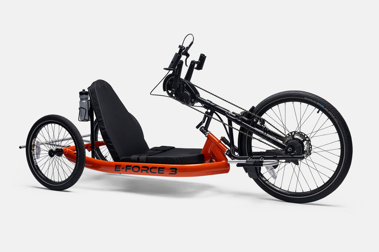Side view of the Top End e-Force 3 handcycle highlighting its aerodynamic frame, low seating position, rear fender, and integrated Shimano power assist system designed for efficient road and gravel performance.