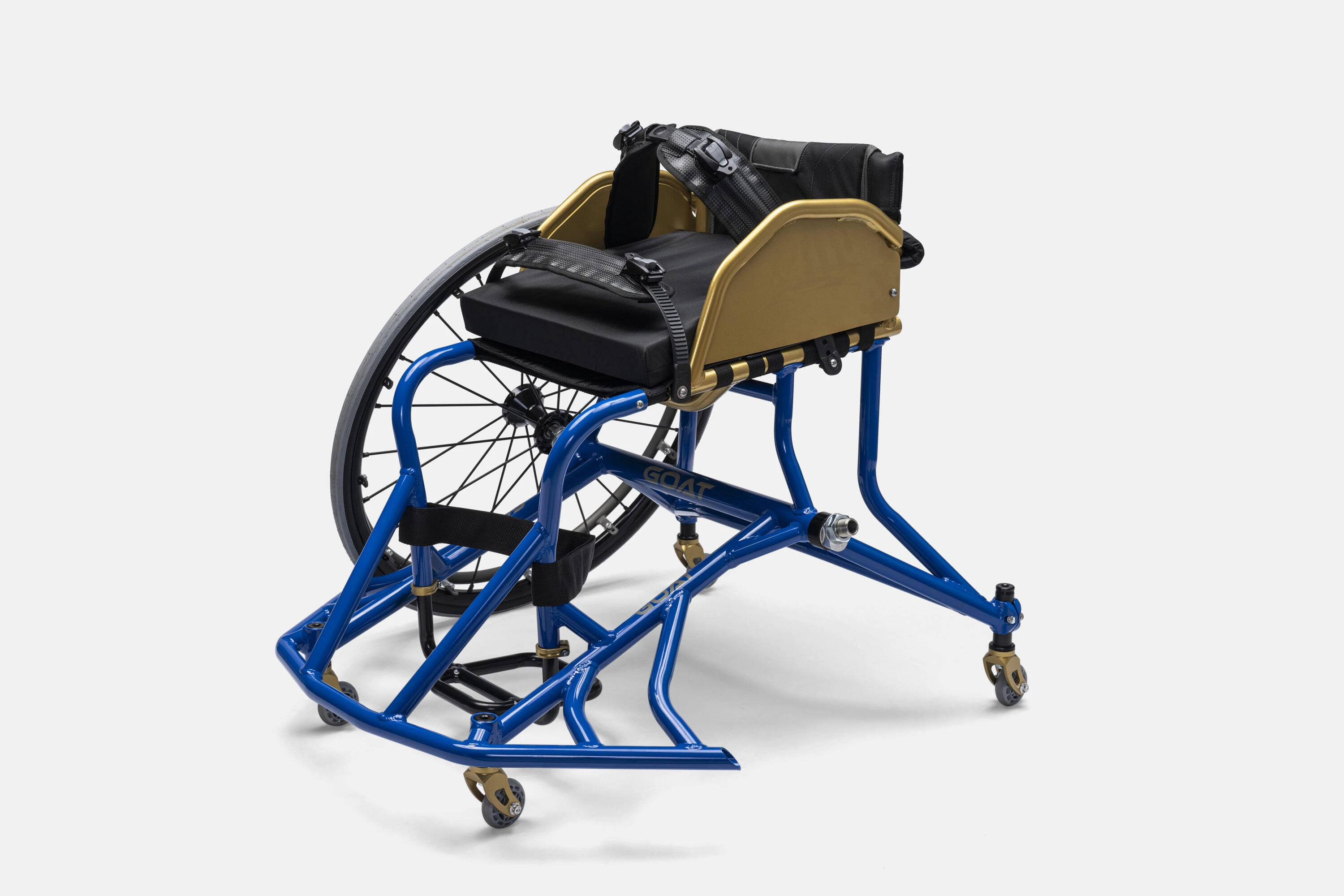 The GOAT XT features a rugged aluminum frame, reinforced bumpers, 5/8" axles, 59mm casters, and ultra-light caster hardware. A first in fixed-frame sport wheelchairs, the GOAT XT features an adjustable 5"–8" center of gravity, giving athletes the ability to fine-tune their setup for performance and control. Optional welded tubular sideguards are also available.