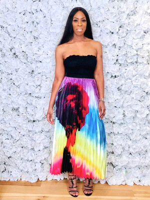 Pleated Maxi Skirt with Banded Waist in a Multicolored Print of A Black Woman's Natural Crown.