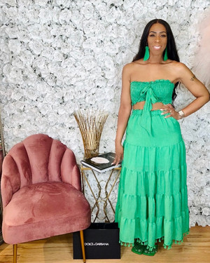 Two Piece Set with Smocked Tube Top and Maxi Skirt in Kelly Green.
95% Polyester 
5% Spandex