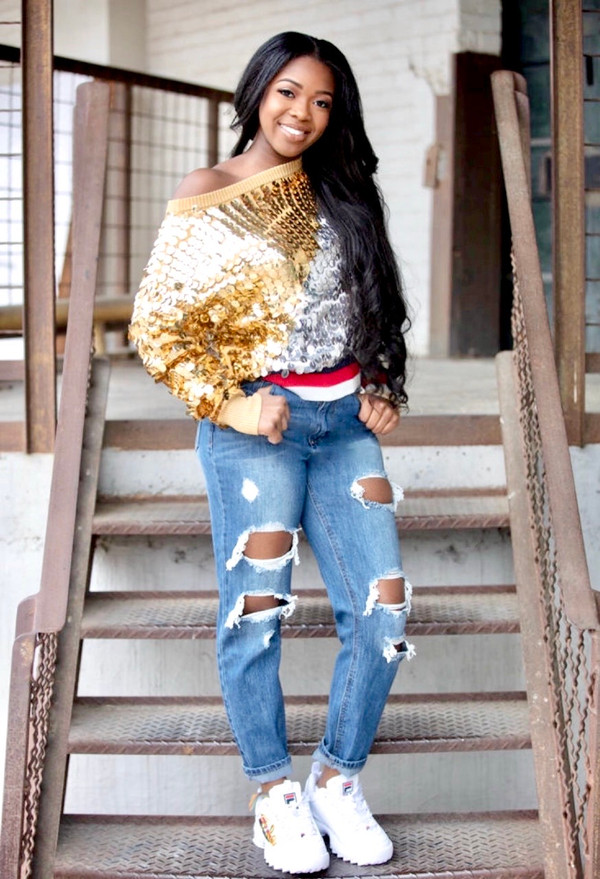 Lurex Sweater with Large Silver and Gold Asymmetric Paillettes with Red & Blue Web Design Trim.