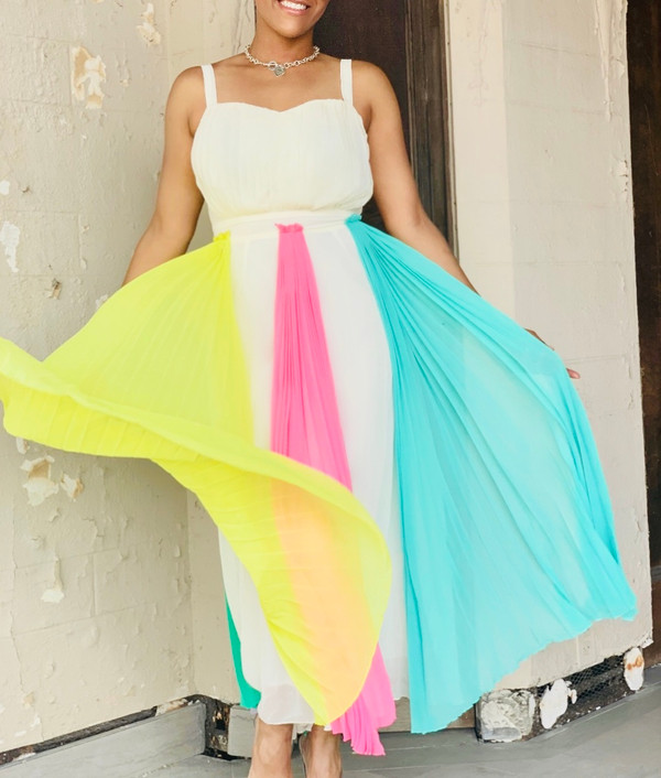 A Chiffon, Semi-Sweetheart Bodice, Thin Strap Midi Dress In White with Multicolored Pastel Pleated Skirting and Full Lining.