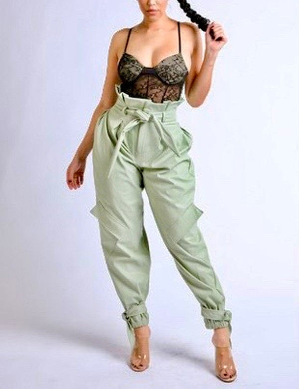 Vegan Leather Paperbag Cargo Pants with Waist Tie and Ankle Ties in Mint.