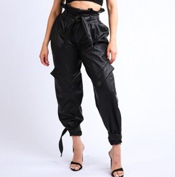 Vegan Leather Paperbag Cargo Pants with Waist Tie and Ankle Ties in Black