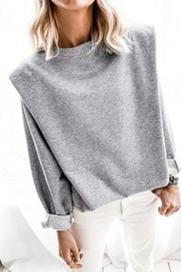 Crew Neck Top with Oversized Shoulder Pads, Long Sleeves, Fitted Wrist Cuffs and a Relaxed Bodice in Gray or Marsala