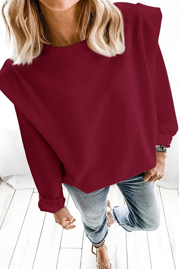 Crew Neck Top with Oversized Shoulder Pads, Long Sleeves, Fitted Wrist Cuffs and a Relaxed Bodice in Gray or Marsala