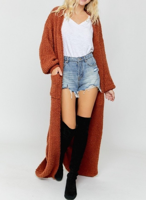 Maxi Sweater Cardigan with Draped Puffy Sleeves in Rust