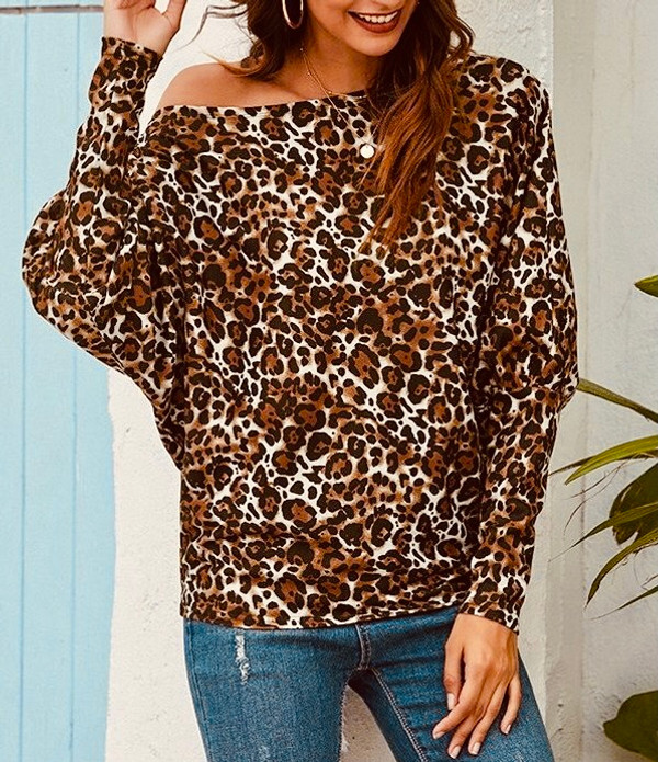 Knit Leopard Print, Dolman Sleeve, Off the Shoulder Top