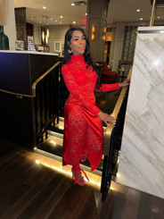 Full Lace Jumpsuit with Back Zipper, Satin Skirt with High Split and Side Zipper in Red 
*2 Piece Set*
92% Polyester 
8% Spandex