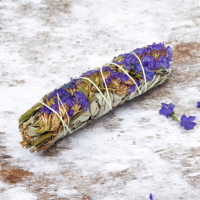 Smudge Wand Sage & Blue Sinuata Flower ~ 4"