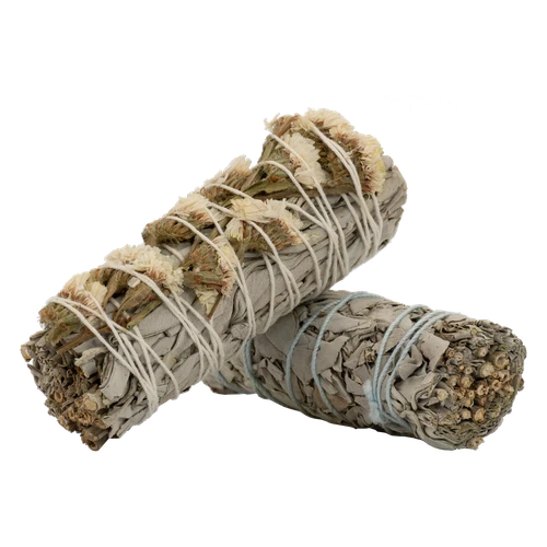 Smudge Wand Sage & White Sinuata Flower ~ 4 inch