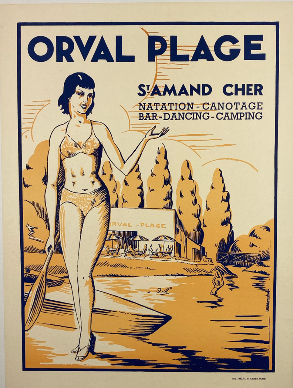 French Orval Plage St Amand Cher Original Vintage 1930's Poster by LaMarachal Linen Backed