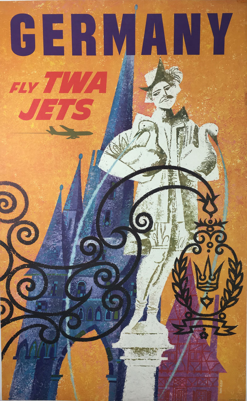 Germany Fly TWA Jets by David Klein 1960s France original lithograph on linen vintage poster
