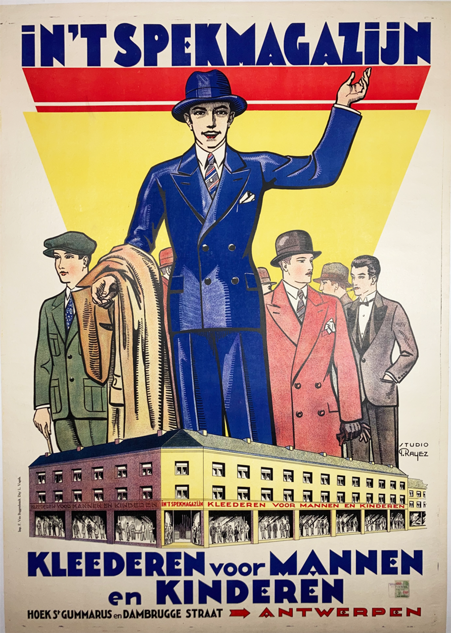 In'Tspekmagazijn by Rayez original vintage poster from 1931 Belgium Linen Backed