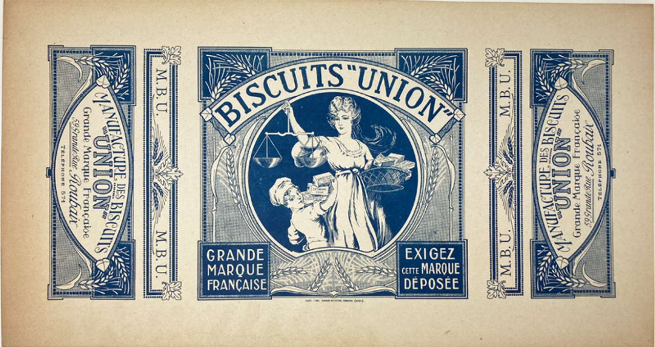 Horizontal original box label Biscuits de Union on linen